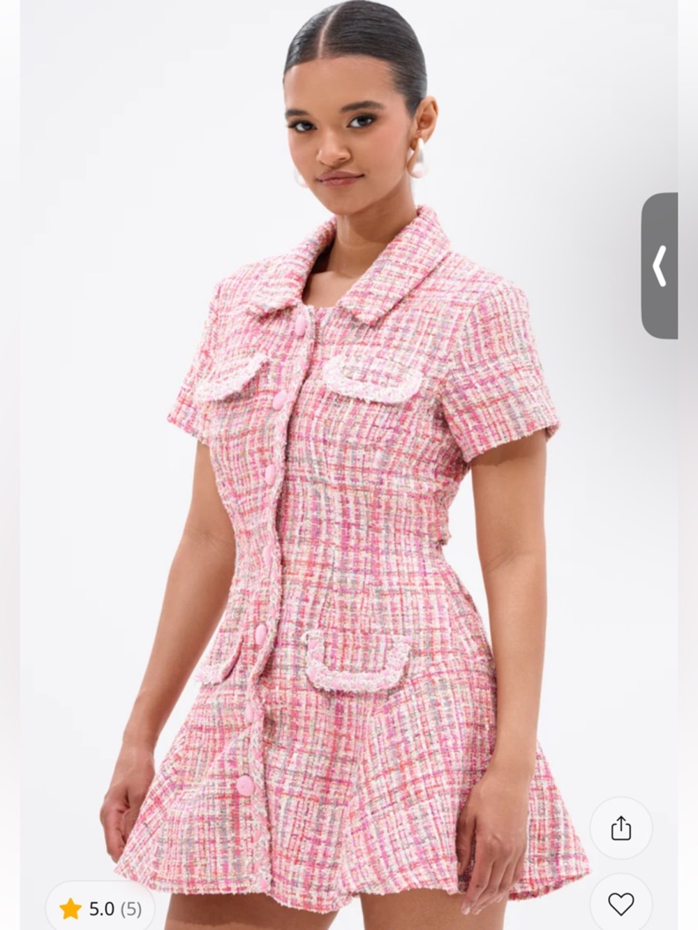 Pink Tweed Short Sleeve Button Front Mini Dress